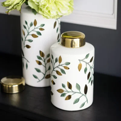Porcelain Lidded Jar – Ash Leaves